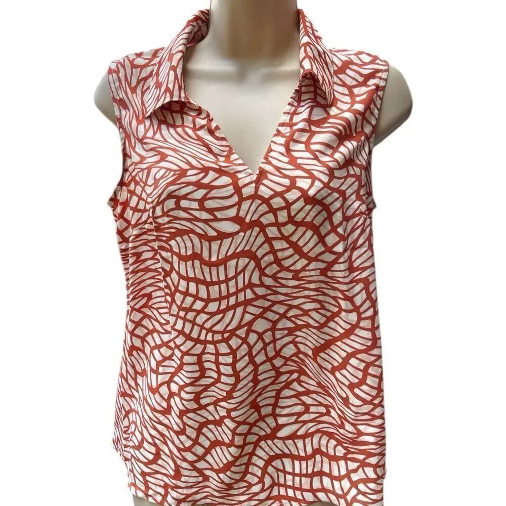 Chic Sleeveless Top with orange brown cream color Pattern XS sheer fabric